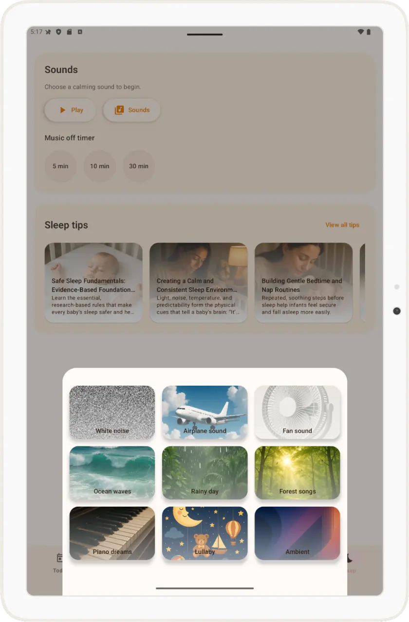 Sleep sounds library on a tablet with white noise, ocean waves and lullaby tiles, music off timer and sleep tips