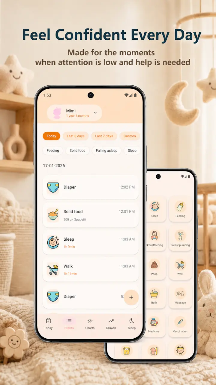 Baby log timeline with diaper, solid food, sleep and walk entries plus a quick-add grid of 15+ event types