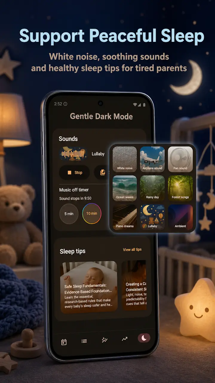 White noise for baby: sound library with lullaby, ocean waves and fan sounds, music off timer and sleep tips in gentle dark mode