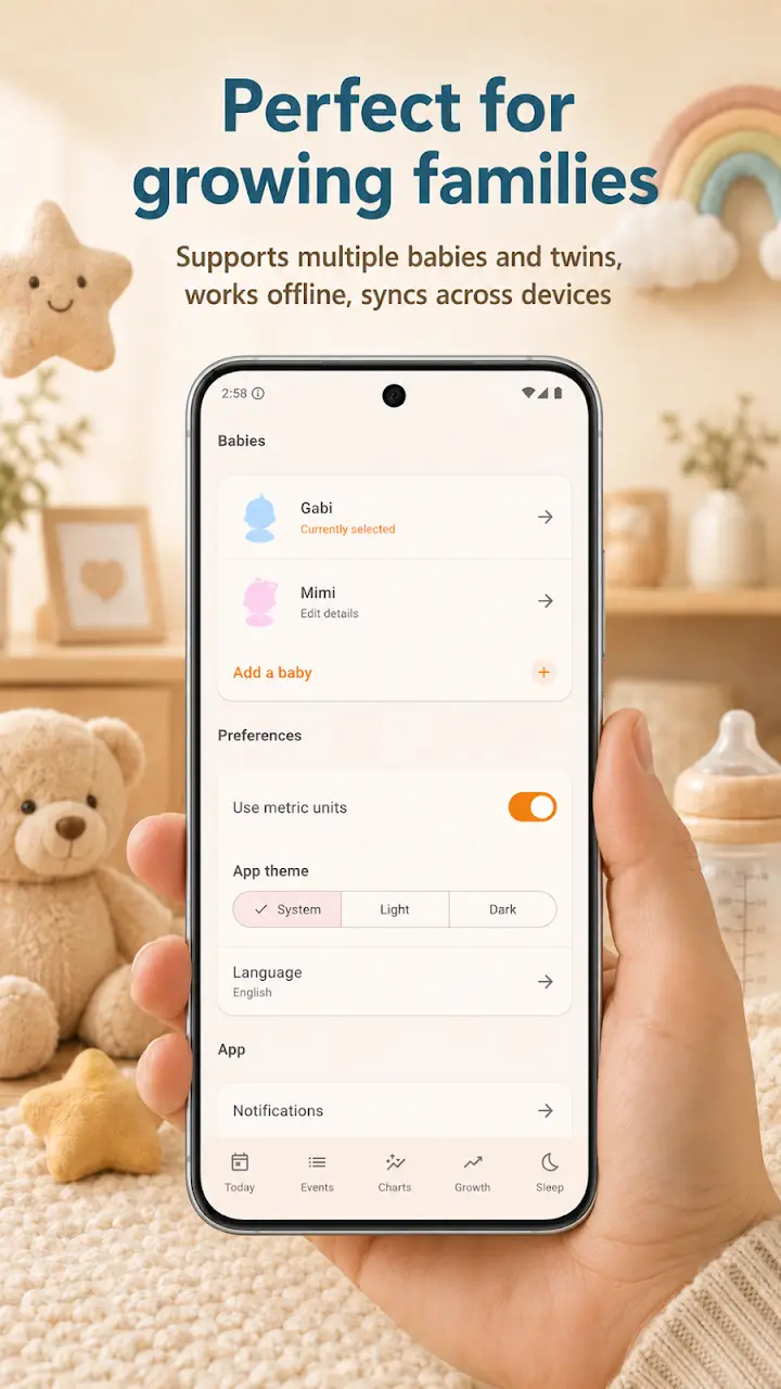 Profiles for multiple babies and twins with offline mode, sync, units, theme and language settings