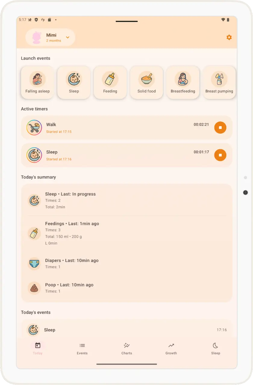 Caring Mother baby tracker on a tablet: launch events, two active timers and today's summary