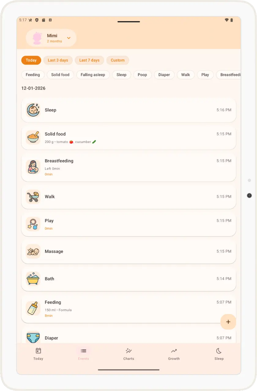 Baby daybook events timeline on a tablet with feeding, breastfeeding, bath and massage entries